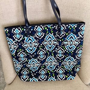 Vera Bradley Ink Blue Small Tote Canvas Leather Straps